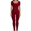 imagePRETTYGARDEN Womens Sexy Bodycon Jumpsuits Short Sleeve Square Neck Ribbed Knit One Piece Outfit Summer Rompers Pants RedMedium