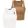 imagePRETTYGARDEN Womens Summer 2 Piece Tank Top Ribbed Knit Square Neck Sleeveless Basic Yoga Workout Crop Tops Shirts Cami White CamelLarge