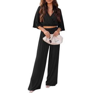 imagePRETTYGARDEN 2 Piece Outfits for Women Summer Casual Short Sleeve Wrap V Neck Crop Tops Wide Leg Pants Set