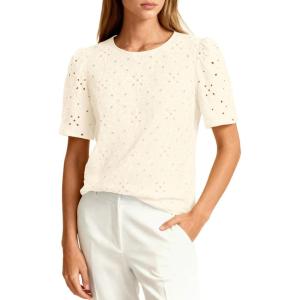 imagePRETTYGARDEN Embroidered Eyelet Tops for Women Summer Blouses Dressy Casual 2026 Spring Work Teacher Puff Short Sleeve ShirtsApricot