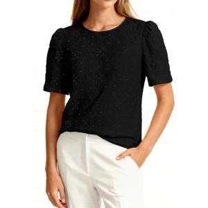 imagePRETTYGARDEN Embroidered Eyelet Tops for Women Summer Blouses Dressy Casual 2026 Spring Work Teacher Puff Short Sleeve ShirtsBlack