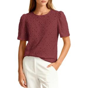 imagePRETTYGARDEN Embroidered Eyelet Tops for Women Summer Blouses Dressy Casual 2026 Spring Work Teacher Puff Short Sleeve ShirtsBrown Red