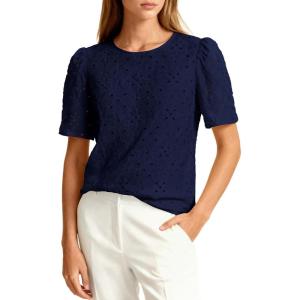 imagePRETTYGARDEN Embroidered Eyelet Tops for Women Summer Blouses Dressy Casual 2026 Spring Work Teacher Puff Short Sleeve ShirtsNavy Blue