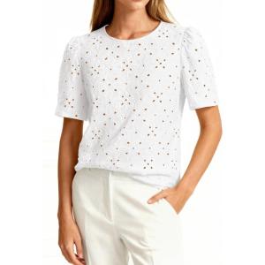imagePRETTYGARDEN Embroidered Eyelet Tops for Women Summer Blouses Dressy Casual 2026 Spring Work Teacher Puff Short Sleeve ShirtsWhite