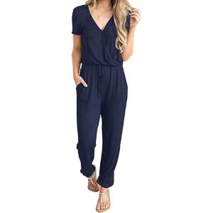 imagePRETTYGARDEN Jumpsuits for Women 2026 Spring Summer Casual Dressy Short Sleeve Romper Airport Vacation Travel OutfitsNavy