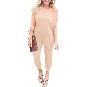 imagePRETTYGARDEN Jumpsuits for Women 2026 Summer Dressy Off Shoulder Romper Spring Vacation Travel Lounge Outfits ClothesBeige