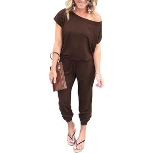 imagePRETTYGARDEN Jumpsuits for Women 2026 Summer Dressy Off Shoulder Romper Spring Vacation Travel Lounge Outfits ClothesBrown