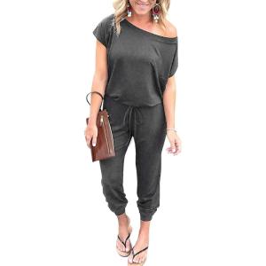 imagePRETTYGARDEN Jumpsuits for Women 2026 Summer Dressy Off Shoulder Romper Spring Vacation Travel Lounge Outfits ClothesDark Grey