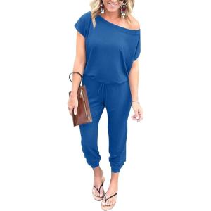 imagePRETTYGARDEN Jumpsuits for Women 2026 Summer Dressy Off Shoulder Romper Spring Vacation Travel Lounge Outfits ClothesGrey Blue