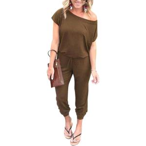 imagePRETTYGARDEN Jumpsuits for Women 2026 Summer Dressy Off Shoulder Romper Spring Vacation Travel Lounge Outfits ClothesKhaki
