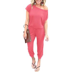 imagePRETTYGARDEN Jumpsuits for Women 2026 Summer Dressy Off Shoulder Romper Spring Vacation Travel Lounge Outfits ClothesLight Pink