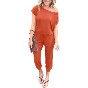 imagePRETTYGARDEN Jumpsuits for Women 2026 Summer Dressy Off Shoulder Romper Spring Vacation Travel Lounge Outfits ClothesOrange Red
