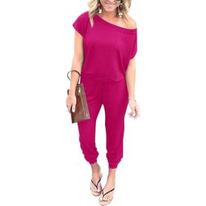 imagePRETTYGARDEN Jumpsuits for Women 2026 Summer Dressy Off Shoulder Romper Spring Vacation Travel Lounge Outfits ClothesRose Red