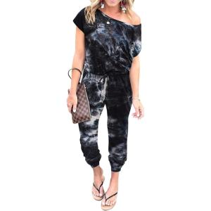 imagePRETTYGARDEN Jumpsuits for Women 2026 Summer Dressy Off Shoulder Romper Spring Vacation Travel Lounge Outfits ClothesTie Dyeblack