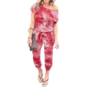 imagePRETTYGARDEN Jumpsuits for Women 2026 Summer Dressy Off Shoulder Romper Spring Vacation Travel Lounge Outfits ClothesTie Dyered