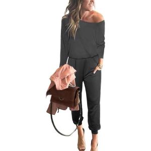 imagePRETTYGARDEN Jumpsuits for Women Casual 2026 Fall Long Sleeve Off Shoulder Rompers One Piece Travel Outfits Fashion ClothingBlack Grey
