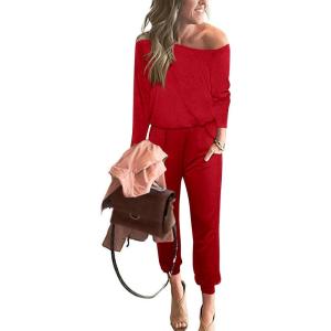 imagePRETTYGARDEN Jumpsuits for Women Casual 2026 Fall Long Sleeve Off Shoulder Rompers One Piece Travel Outfits Fashion ClothingRed
