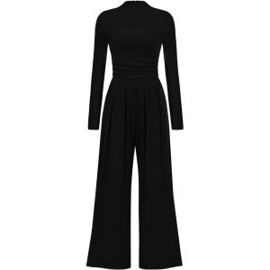 imagePRETTYGARDEN Jumpsuits for Women Dressy Fall Fashion Clothing 2026 Long Sleeve Mock Neck Date Night Rompers Business OutfitsBlack