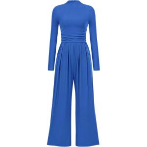 imagePRETTYGARDEN Jumpsuits for Women Dressy Fall Fashion Clothing 2026 Long Sleeve Mock Neck Date Night Rompers Business OutfitsBlue