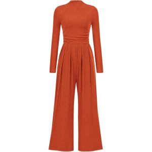 imagePRETTYGARDEN Jumpsuits for Women Dressy Fall Fashion Clothing 2026 Long Sleeve Mock Neck Date Night Rompers Business OutfitsBrick Red