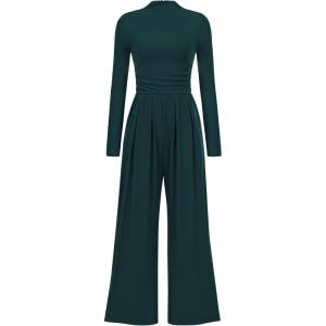 imagePRETTYGARDEN Jumpsuits for Women Dressy Fall Fashion Clothing 2026 Long Sleeve Mock Neck Date Night Rompers Business OutfitsDark Green