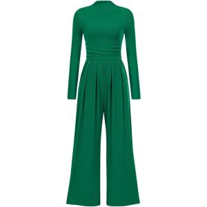imagePRETTYGARDEN Jumpsuits for Women Dressy Fall Fashion Clothing 2026 Long Sleeve Mock Neck Date Night Rompers Business OutfitsGreen