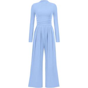 imagePRETTYGARDEN Jumpsuits for Women Dressy Fall Fashion Clothing 2026 Long Sleeve Mock Neck Date Night Rompers Business OutfitsLight Blue