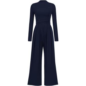 imagePRETTYGARDEN Jumpsuits for Women Dressy Fall Fashion Clothing 2026 Long Sleeve Mock Neck Date Night Rompers Business OutfitsNavy