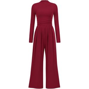 imagePRETTYGARDEN Jumpsuits for Women Dressy Fall Fashion Clothing 2026 Long Sleeve Mock Neck Date Night Rompers Business OutfitsWine Red