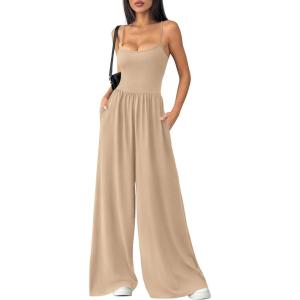 imagePRETTYGARDEN Jumpsuits for Women Summer 2026 Sleeveless Wide Leg Date Night Rompers Beach Vacation Cruise One Piece OutfitsBeige