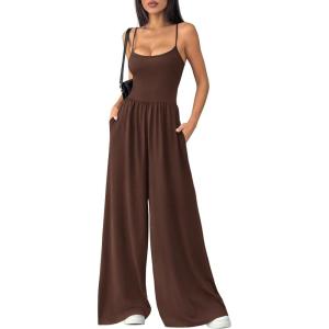 imagePRETTYGARDEN Jumpsuits for Women Summer 2026 Sleeveless Wide Leg Date Night Rompers Beach Vacation Cruise One Piece OutfitsBrown
