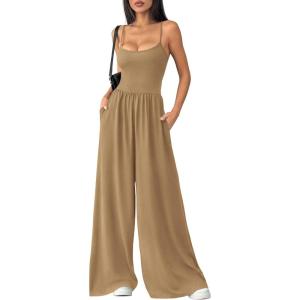 imagePRETTYGARDEN Jumpsuits for Women Summer 2026 Sleeveless Wide Leg Date Night Rompers Beach Vacation Cruise One Piece OutfitsKhaki