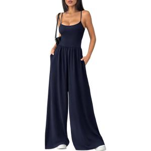 imagePRETTYGARDEN Jumpsuits for Women Summer 2026 Sleeveless Wide Leg Date Night Rompers Beach Vacation Cruise One Piece OutfitsNavy Blue