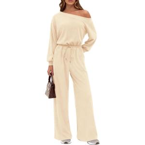 imagePRETTYGARDEN Long Sleeve Jumpsuit For Women Dressy 2026 Off Shoulder One Piece Loose Wide Leg Jumpsuits Casual Flowy RomperApricot