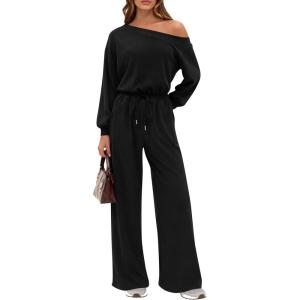 imagePRETTYGARDEN Long Sleeve Jumpsuit For Women Dressy 2026 Off Shoulder One Piece Loose Wide Leg Jumpsuits Casual Flowy RomperBlack