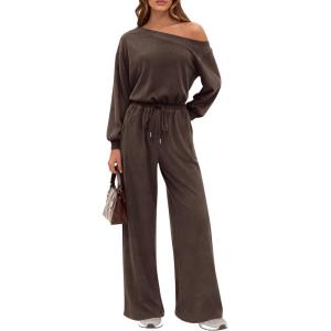imagePRETTYGARDEN Long Sleeve Jumpsuit For Women Dressy 2026 Off Shoulder One Piece Loose Wide Leg Jumpsuits Casual Flowy RomperBrown
