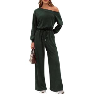 imagePRETTYGARDEN Long Sleeve Jumpsuit For Women Dressy 2026 Off Shoulder One Piece Loose Wide Leg Jumpsuits Casual Flowy RomperDark Army Green
