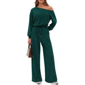 imagePRETTYGARDEN Long Sleeve Jumpsuit For Women Dressy 2026 Off Shoulder One Piece Loose Wide Leg Jumpsuits Casual Flowy RomperDark Green