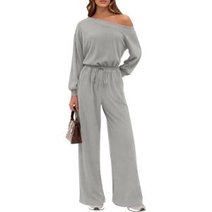 imagePRETTYGARDEN Long Sleeve Jumpsuit For Women Dressy 2026 Off Shoulder One Piece Loose Wide Leg Jumpsuits Casual Flowy RomperGrey