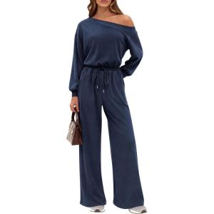 imagePRETTYGARDEN Long Sleeve Jumpsuit For Women Dressy 2026 Off Shoulder One Piece Loose Wide Leg Jumpsuits Casual Flowy RomperNavy