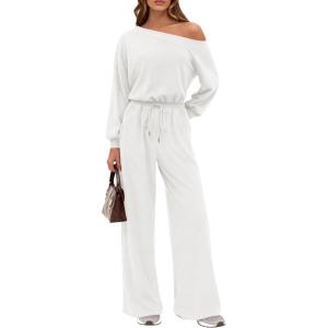 imagePRETTYGARDEN Long Sleeve Jumpsuit For Women Dressy 2026 Off Shoulder One Piece Loose Wide Leg Jumpsuits Casual Flowy RomperWhite