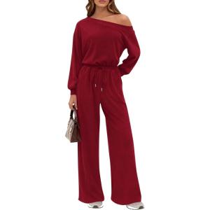 imagePRETTYGARDEN Long Sleeve Jumpsuit For Women Dressy 2026 Off Shoulder One Piece Loose Wide Leg Jumpsuits Casual Flowy RomperWine Red