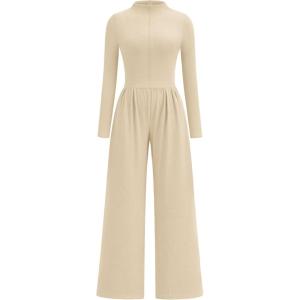 imagePRETTYGARDEN Long Sleeve Jumpsuit for Women 2026 Fall Date Night Rompers Dressy Casual One Piece Mock Neck Jumpsuits PocketsBeige