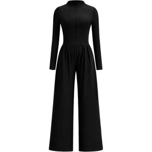 imagePRETTYGARDEN Long Sleeve Jumpsuit for Women 2026 Fall Date Night Rompers Dressy Casual One Piece Mock Neck Jumpsuits PocketsBlack