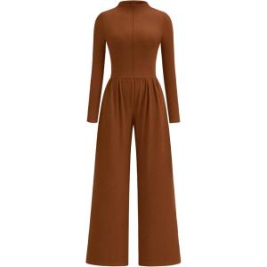 imagePRETTYGARDEN Long Sleeve Jumpsuit for Women 2026 Fall Date Night Rompers Dressy Casual One Piece Mock Neck Jumpsuits PocketsBrown