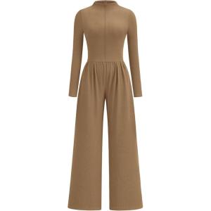 imagePRETTYGARDEN Long Sleeve Jumpsuit for Women 2026 Fall Date Night Rompers Dressy Casual One Piece Mock Neck Jumpsuits PocketsCamel