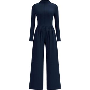 imagePRETTYGARDEN Long Sleeve Jumpsuit for Women 2026 Fall Date Night Rompers Dressy Casual One Piece Mock Neck Jumpsuits PocketsNavy Blue