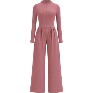 imagePRETTYGARDEN Long Sleeve Jumpsuit for Women 2026 Fall Date Night Rompers Dressy Casual One Piece Mock Neck Jumpsuits PocketsPink