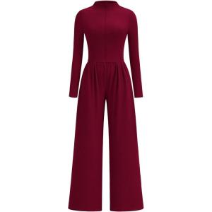 imagePRETTYGARDEN Long Sleeve Jumpsuit for Women 2026 Fall Date Night Rompers Dressy Casual One Piece Mock Neck Jumpsuits PocketsWine Red