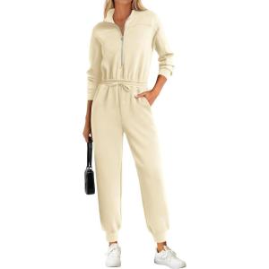 imagePRETTYGARDEN Long Sleeve Jumpsuits for Women Casual 2026 Fall Fashion Zip Up Pant Rompers One Piece Sweatsuits Travel OutfitsApricot